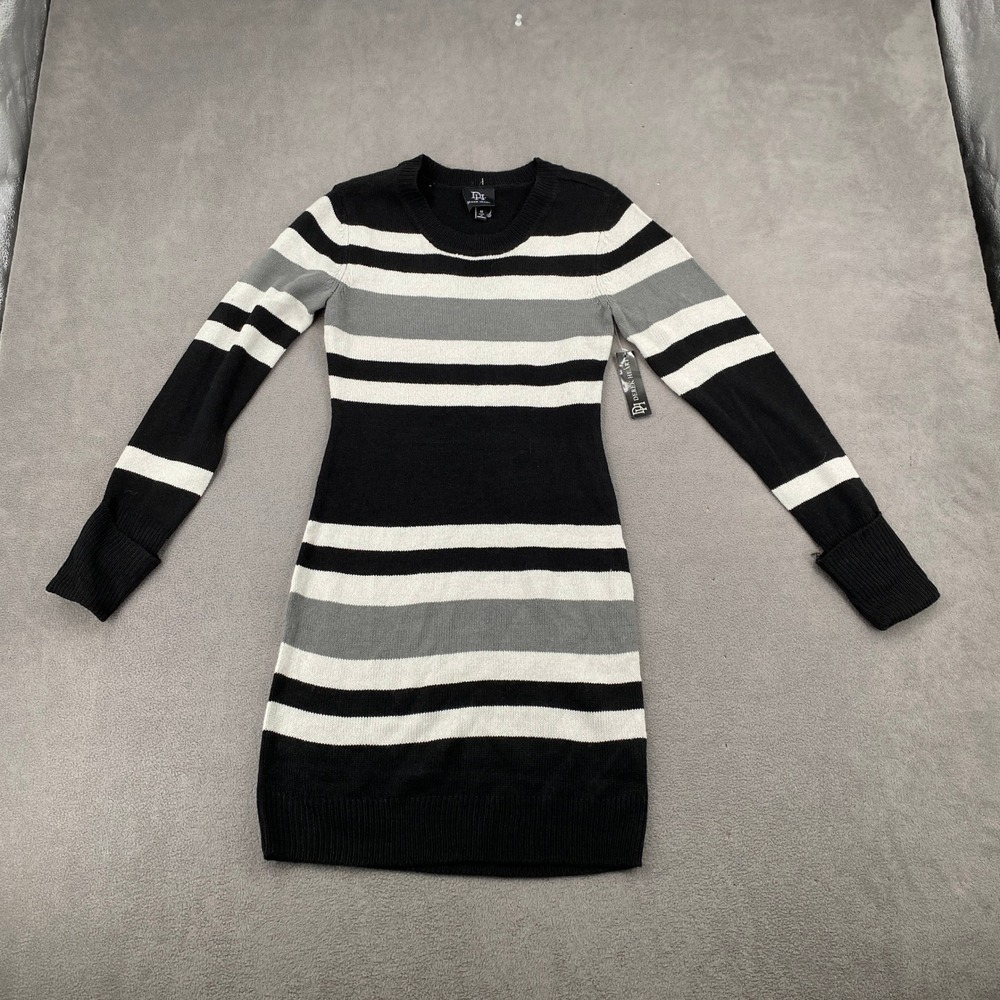 Derek Heart Womens Striped Long Sleeve Sweater Dress Black White Grey Size M